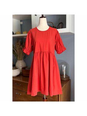 Noble Utility Organic Cotton Babydoll Dress Puff Sleeves Orange/Red